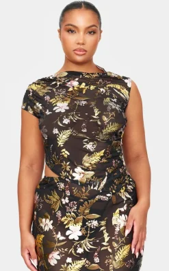 Black Floral Foil Printed Mesh Ruched Crop Top