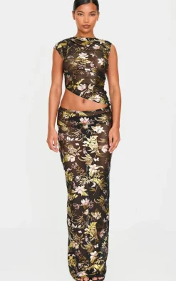 Black Floral Foil Printed Mesh Maxi Skirt