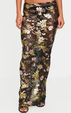 Black Floral Foil Printed Mesh Maxi Skirt