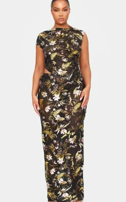 Black Floral Foil Printed Mesh Maxi Skirt