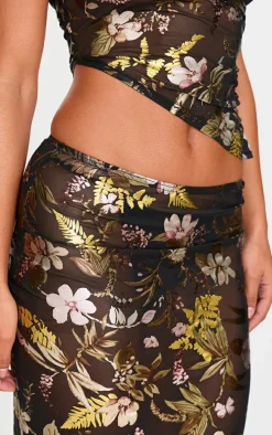 Black Floral Foil Printed Mesh Maxi Skirt