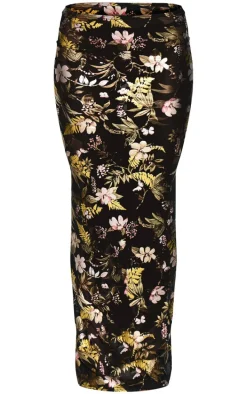 Black Floral Foil Printed Mesh Maxi Skirt