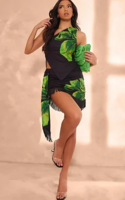 Black Floral Halter Neck Fringe Mini Dress