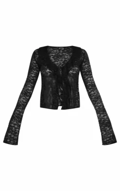 Black Floral Lace Ruffle Tie Front Shirt