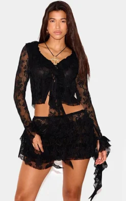 Black Floral Lace Ruffle Detail Tie Front Shirt