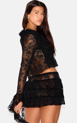 Black Floral Lace Ruffle Detail Tie Front Shirt