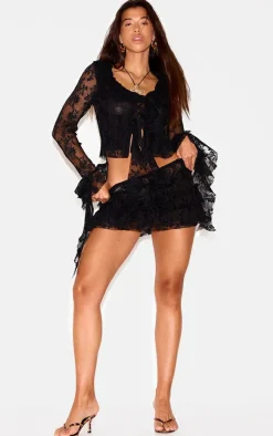 Black Floral Lace Ruffle Detail Tie Front Shirt