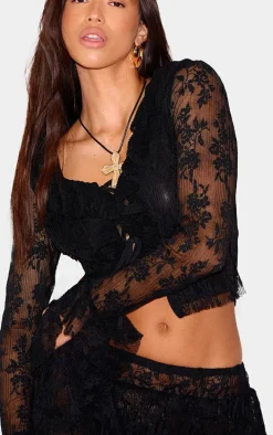 Black Floral Lace Ruffle Detail Tie Front Shirt