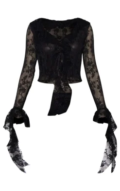 Black Floral Lace Ruffle Detail Tie Front Shirt