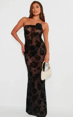 Black Floral Mesh One Shoulder Maxi Dress