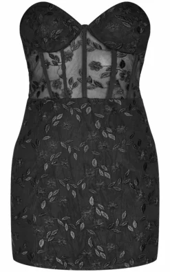 Black Floral Mesh Overlay Corset Mini Dress