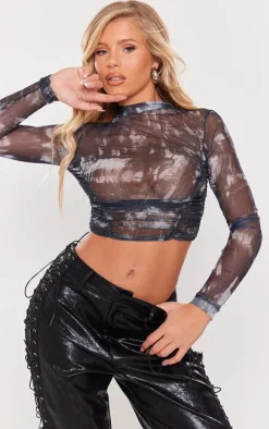 Black Floral Mesh Ruched Side Crop Top
