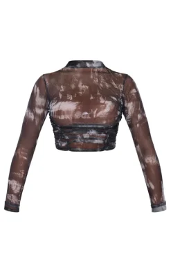 Black Floral Mesh Ruched Side Crop Top