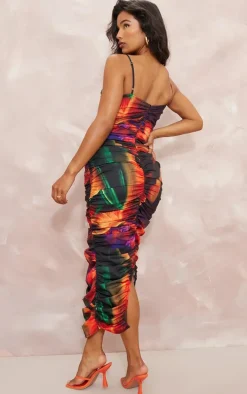 Black Floral Print Asymmetric Detail Ruched Midaxi Dress