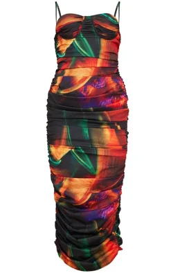 Black Floral Print Asymmetric Detail Ruched Midaxi Dress