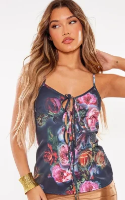 Black Floral Print Chiffon Lace Up Cami Long Top
