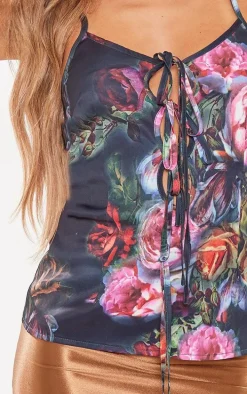 Black Floral Print Chiffon Lace Up Cami Long Top