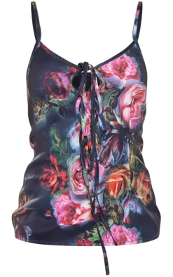 Black Floral Print Chiffon Lace Up Cami Long Top