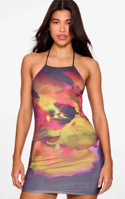 Black Floral Print Double Layer Slinky Backless Halterneck Mini Dress