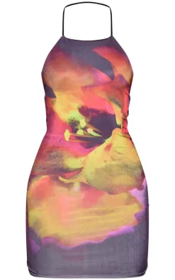 Black Floral Print Double Layer Slinky Backless Halterneck Mini Dress