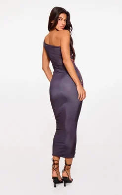 Black Floral Print Double Layer Slinky One Shoulder Maxi Dress