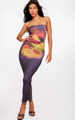 Black Floral Print Double Layer Slinky Bandeau Maxi Dress