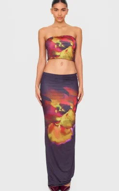 Black Floral Print Double Layer Slinky Maxi Skirt