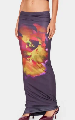 Black Floral Print Double Layer Slinky Maxi Skirt