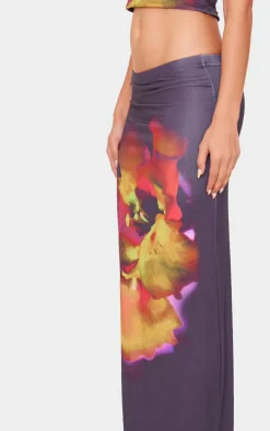 Black Floral Print Double Layer Slinky Maxi Skirt