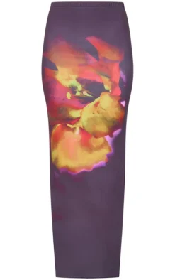 Black Floral Print Double Layer Slinky Maxi Skirt