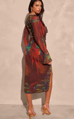 Black Floral Print Long Sleeve Chiffon Frill Detail Midi Dress