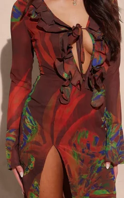 Black Floral Print Long Sleeve Chiffon Frill Detail Midi Dress