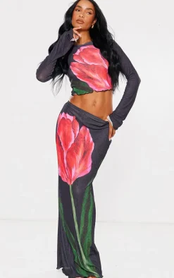 Black Floral Print Long Sleeve Top