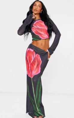 Black Floral Print Maxi Skirt