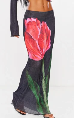 Black Floral Print Maxi Skirt