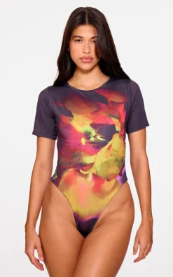 Black Floral Printed Keyhole Back Bodysuit