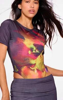 Black Floral Printed Keyhole Back Bodysuit