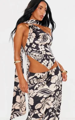 Black Floral Printed Satin Scarf Detail Halterneck Crop Top