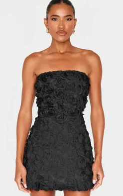 Black Floral Ruffle A-line Dress