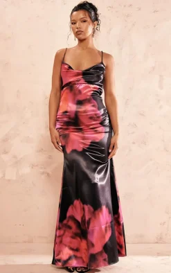 Black Floral Satin Cowl Neck Maxi Dress