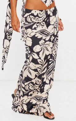 Black Floral Satin Maxi Skirt