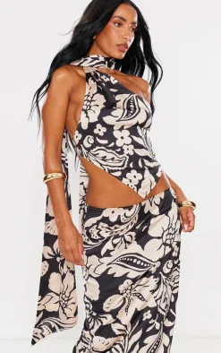 Black Floral Satin Maxi Skirt