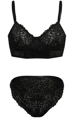 Black Floral Scalloped Edge Lace Longline Bra And Panties Set
