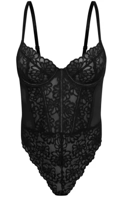 Black Floral Scalloped Edge Lace Cut Out Bodysuit