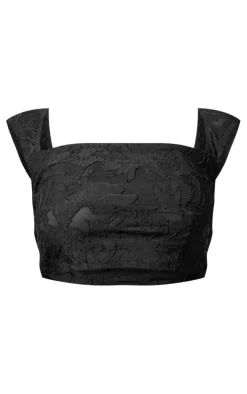 Black Floral Sheer Burnout Square Neck Short Sleeve Crop Top