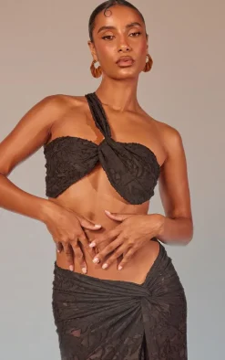 Black Floral Sheer Burnout Asymmetric Twist Detail Bandeau Top