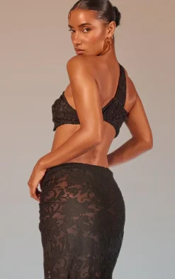 Black Floral Sheer Burnout Asymmetric Twist Detail Bandeau Top