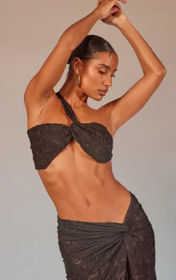 Black Floral Sheer Burnout Asymmetric Twist Detail Bandeau Top