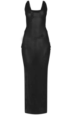 Black Flower Applique Sheer Maxi Dress