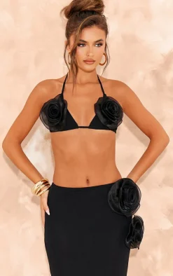 Black Flower Applique Triangle Bikini Top